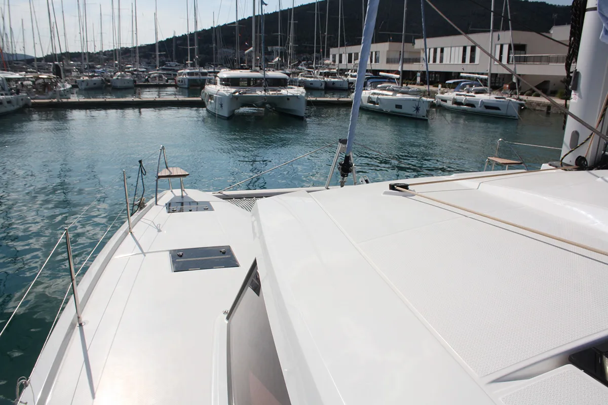 Deck of Mae Fee, a Fountaine Pajot Astrea 42 catamaran at Seget Donji, Croatia