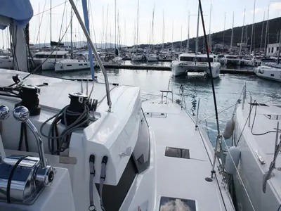 Deck of Mae Fee, a Fountaine Pajot Astrea 42 catamaran at Seget Donji, Croatia