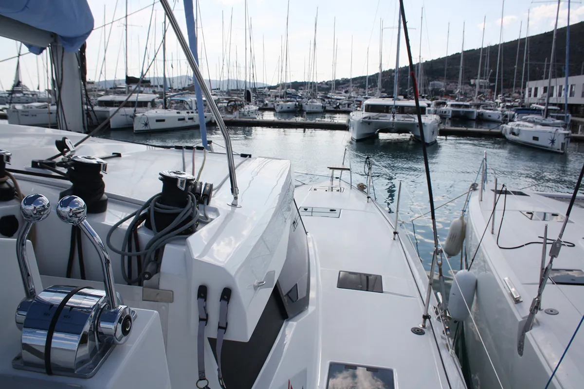 Deck of Mae Fee, a Fountaine Pajot Astrea 42 catamaran at Seget Donji, Croatia