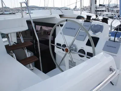 Cockpit of Mae Fee, a Fountaine Pajot Astrea 42 catamaran at Seget Donji, Croatia