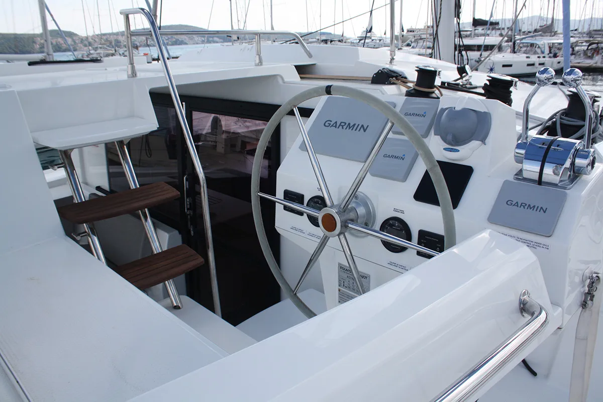 Cockpit of Mae Fee, a Fountaine Pajot Astrea 42 catamaran at Seget Donji, Croatia