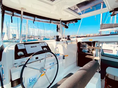 Cockpit of Kaiki (Pax 10), a Lagoon 42 catamaran at Municipal Unit of Lefkada, Greece