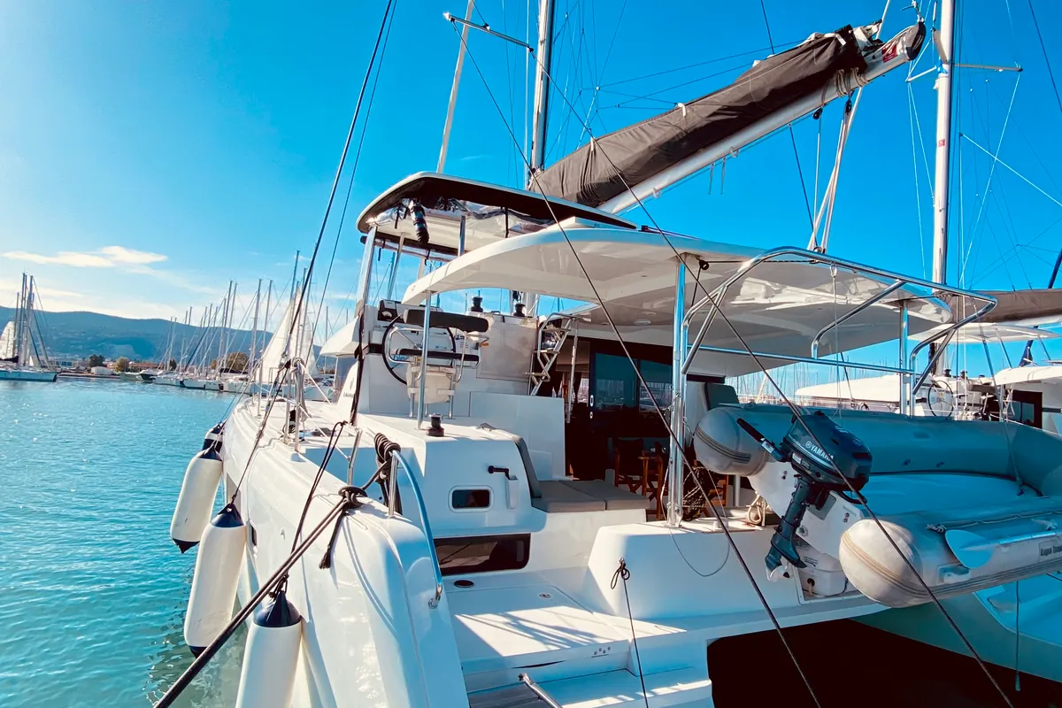 Exterior view of Kaiki (Pax 10), a Lagoon 42 catamaran at Municipal Unit of Lefkada, Greece