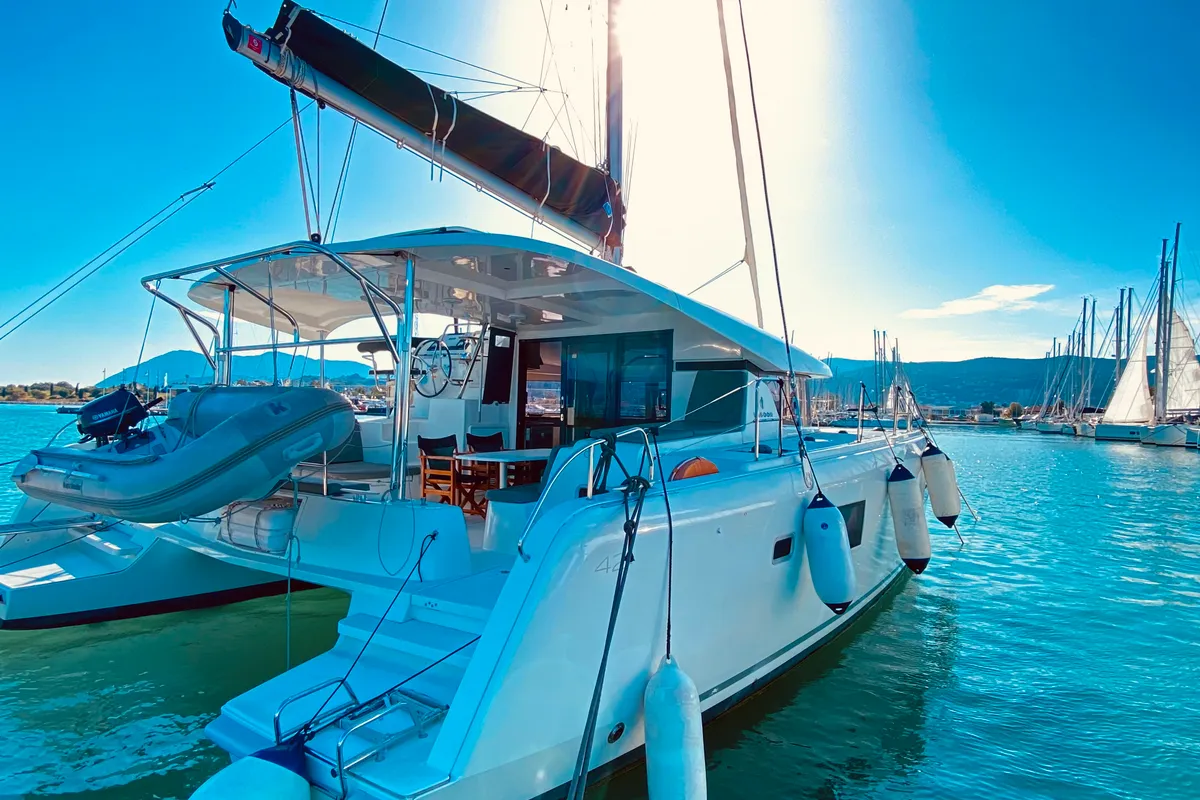 Exterior view of Kaiki (Pax 10), a Lagoon 42 catamaran at Municipal Unit of Lefkada, Greece
