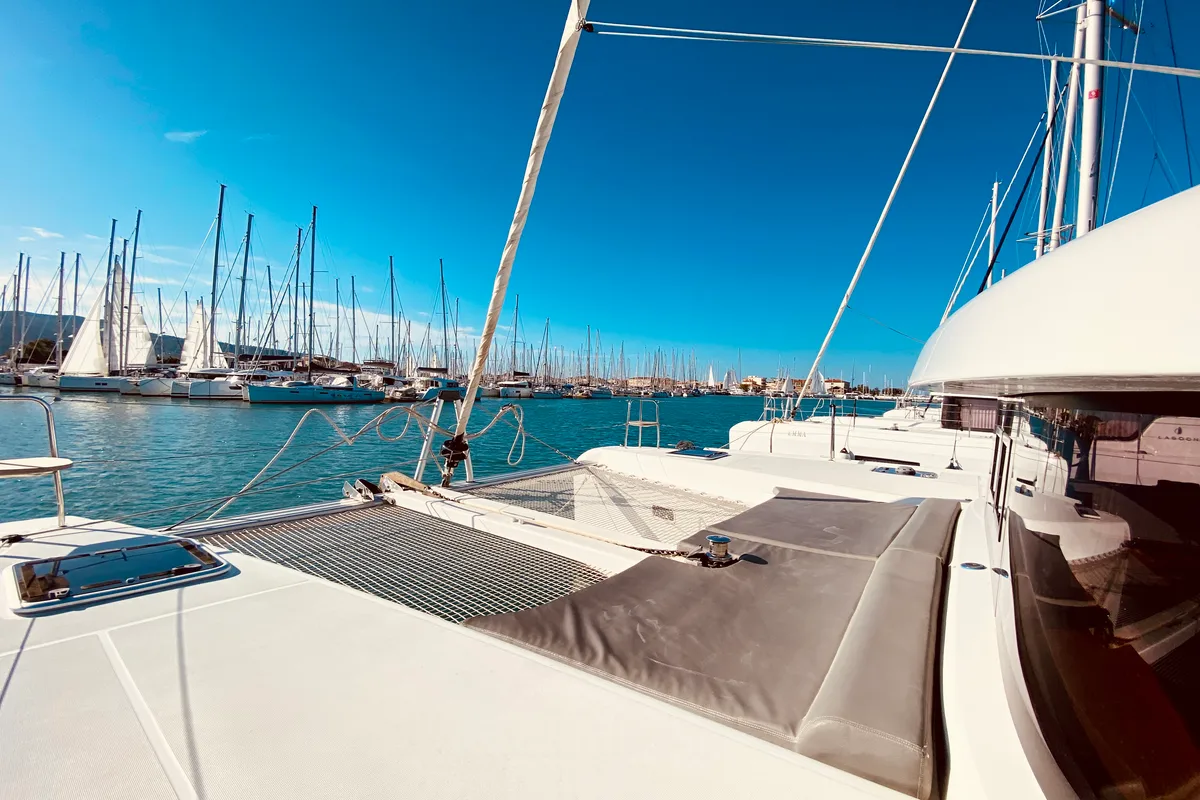 Deck of Kaiki (Pax 10), a Lagoon 42 catamaran at Municipal Unit of Lefkada, Greece