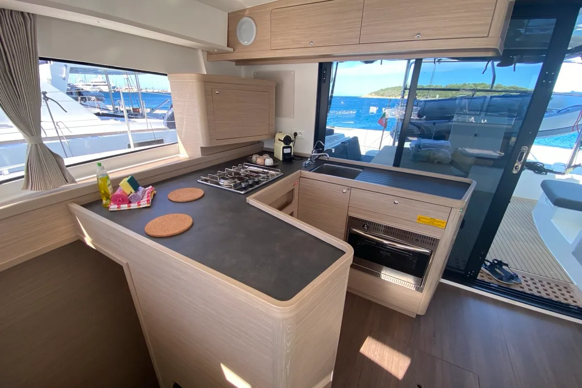 Galley of Nereide, a Lagoon 42 catamaran at Olbia, Italy