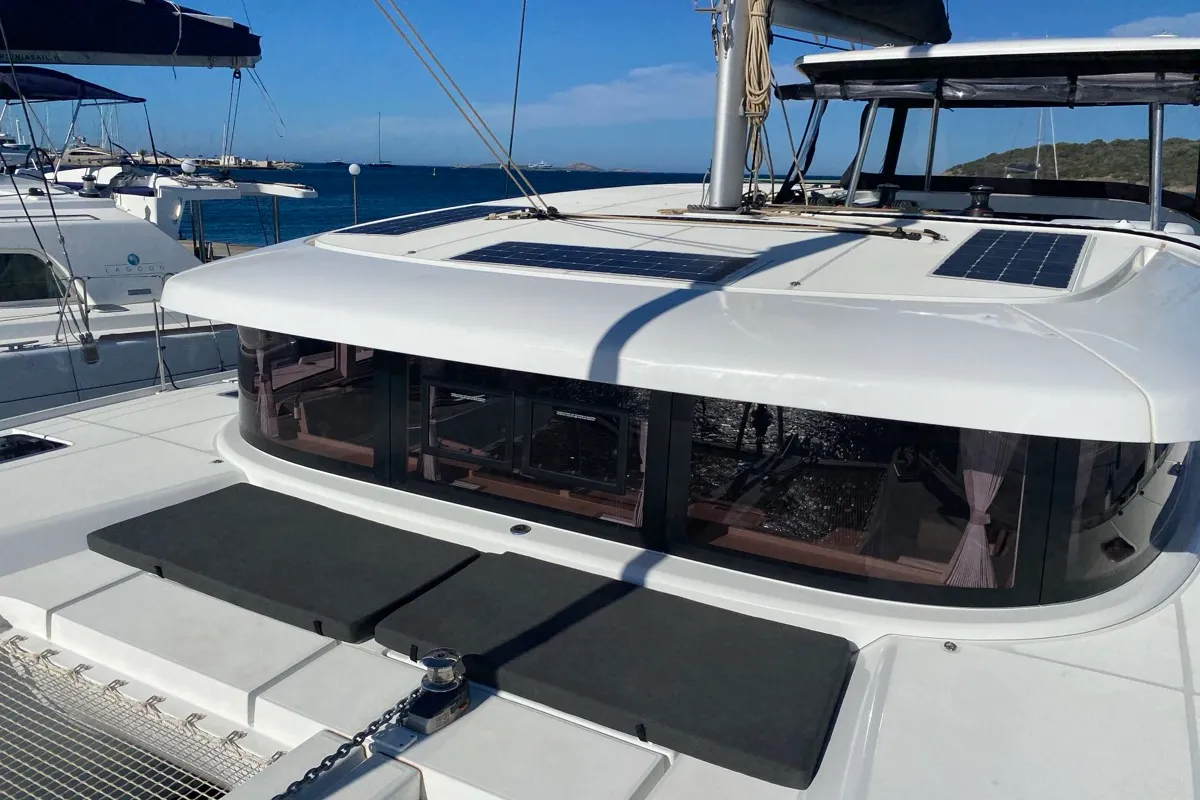 Deck of Nereide, a Lagoon 42 catamaran at Olbia, Italy