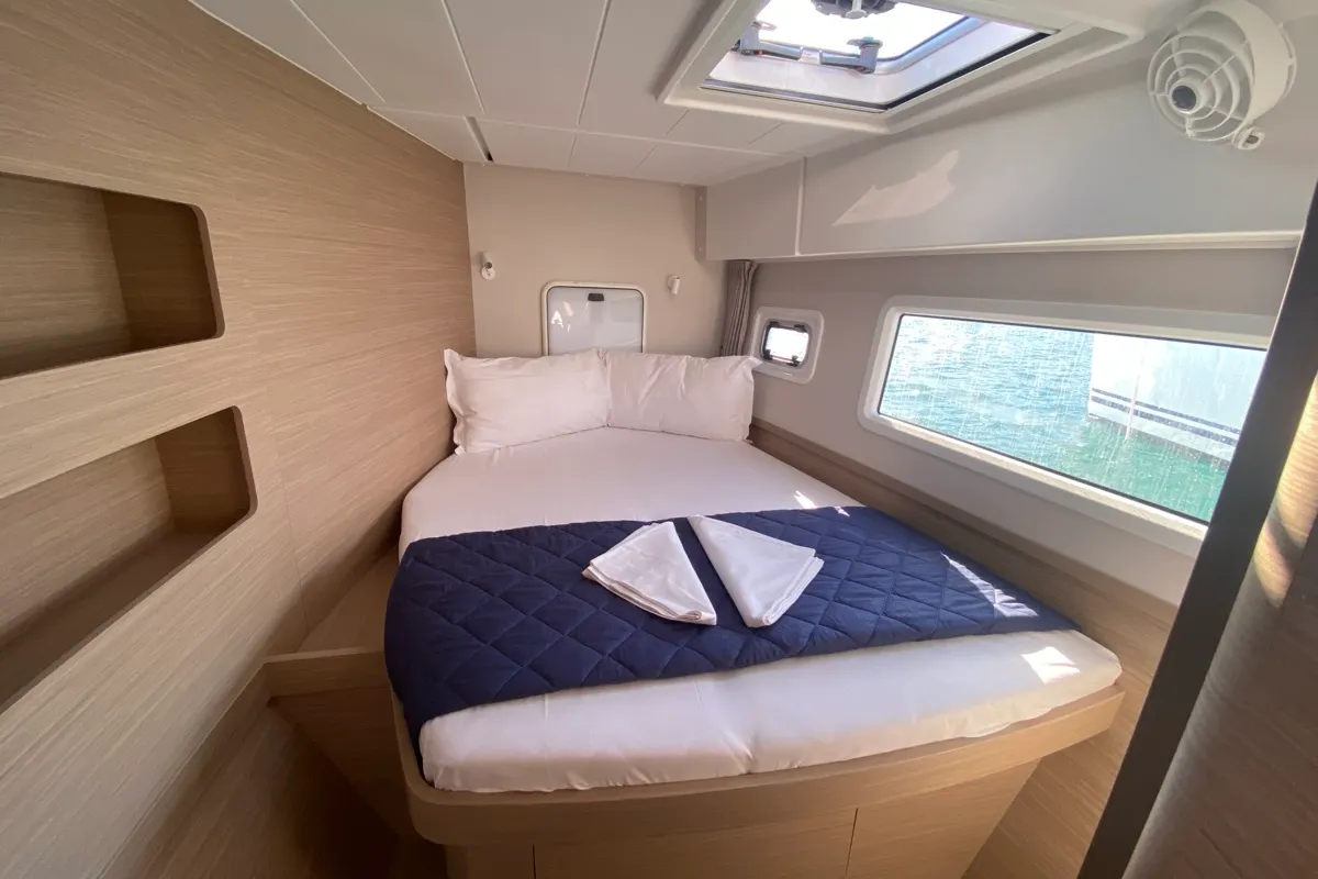 Cabin on Nereide, a Lagoon 42 catamaran at Olbia, Italy