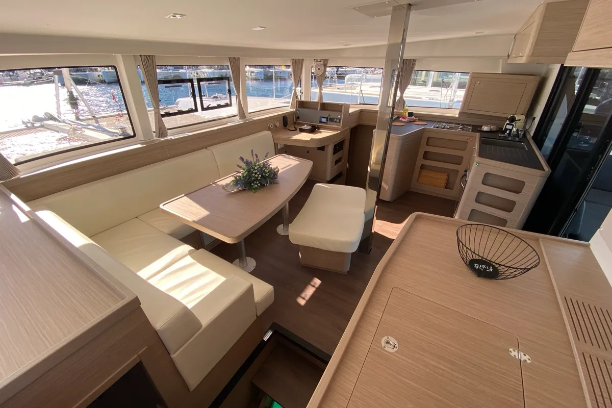 Salon of Nereide, a Lagoon 42 catamaran at Olbia, Italy