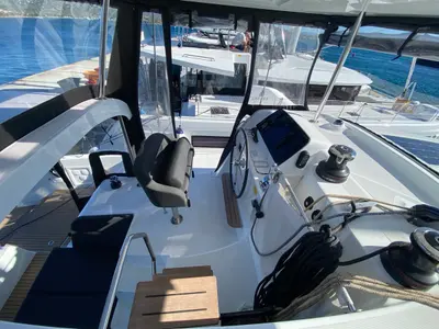 Cockpit of Nereide, a Lagoon 42 catamaran at Olbia, Italy