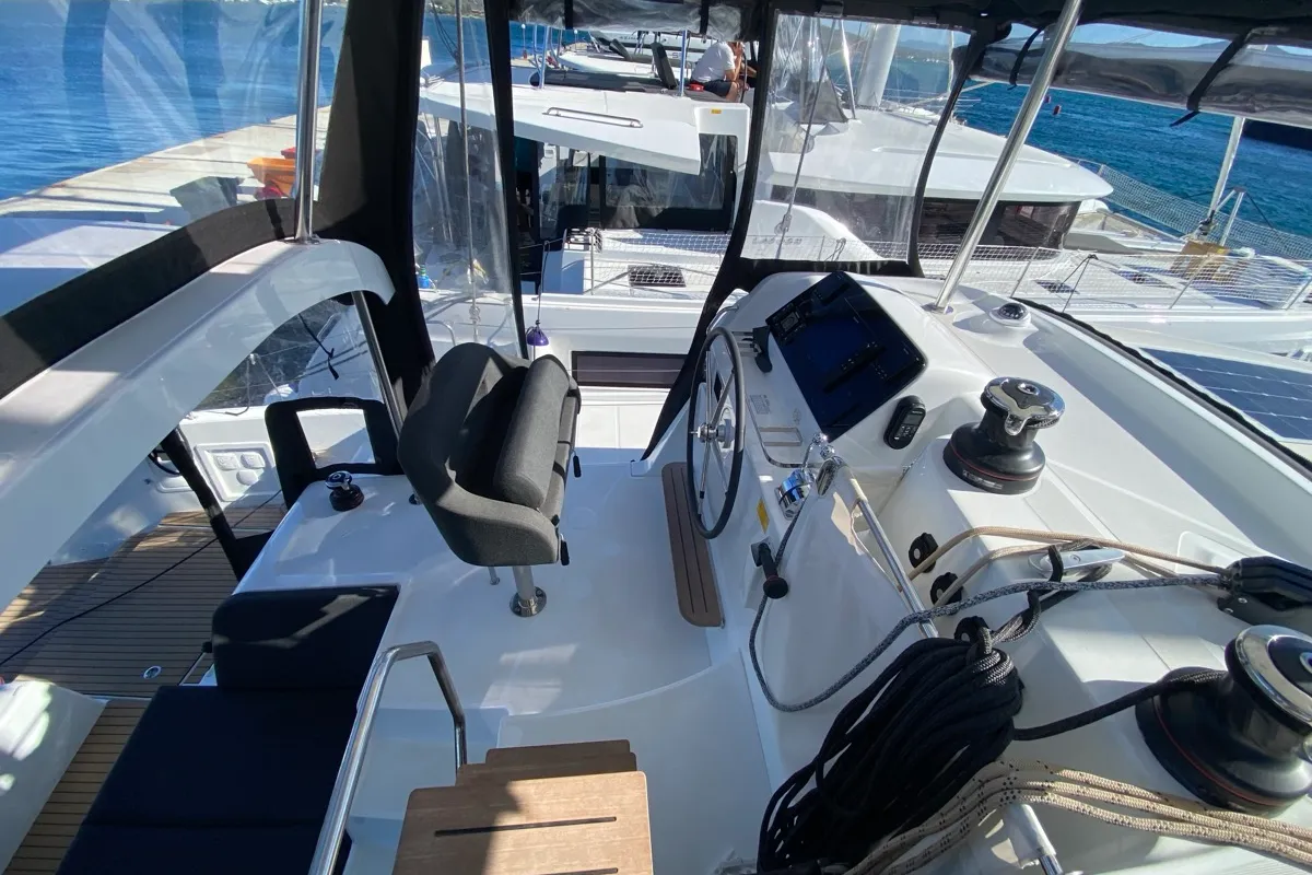 Cockpit of Nereide, a Lagoon 42 catamaran at Olbia, Italy
