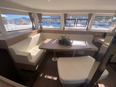 Salon of Nereide, a Lagoon 42 catamaran at Olbia, Italy