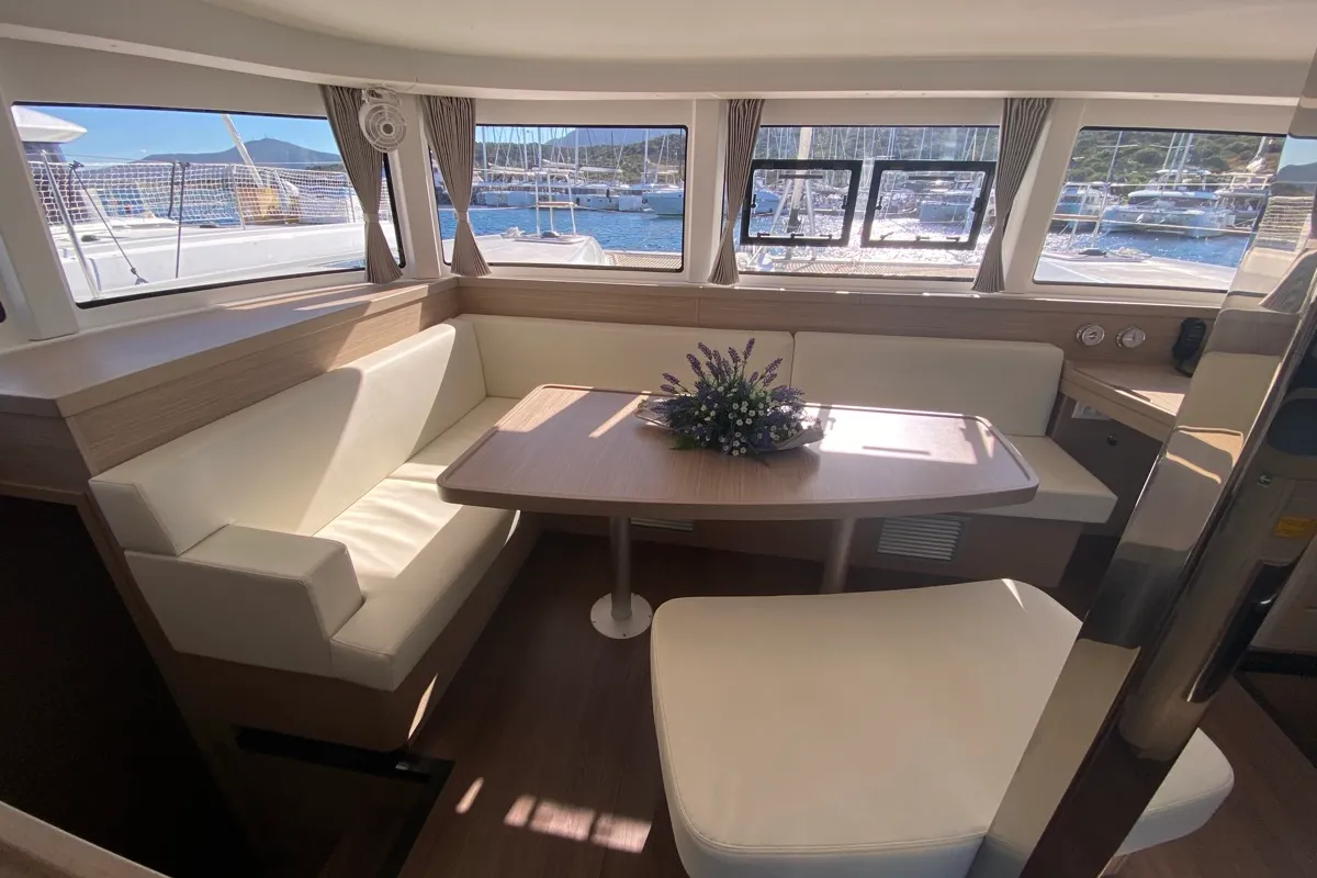 Salon of Nereide, a Lagoon 42 catamaran at Olbia, Italy