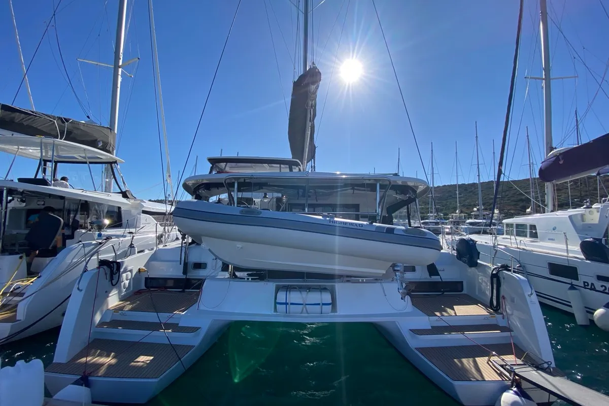 Deck of Nereide, a Lagoon 42 catamaran at Olbia, Italy