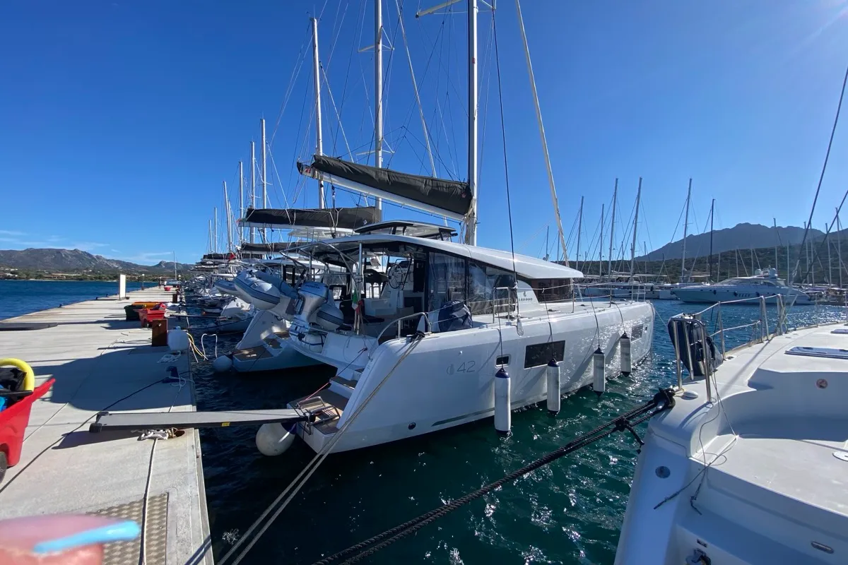 Exterior view of Nereide, a Lagoon 42 catamaran at Olbia, Italy