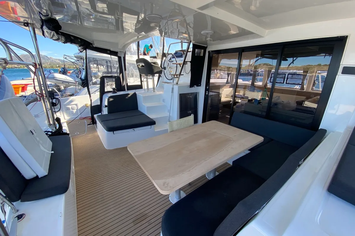 Deck of Nereide, a Lagoon 42 catamaran at Olbia, Italy