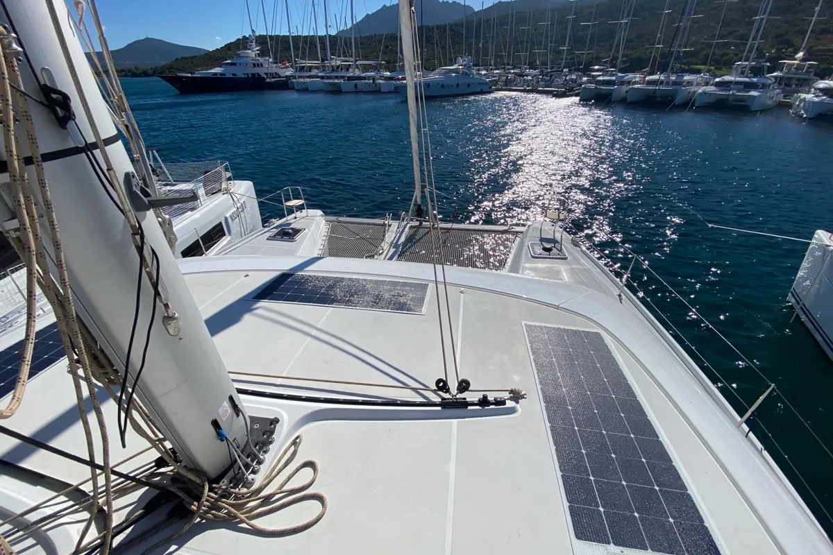 Deck of Nereide, a Lagoon 42 catamaran at Olbia, Italy