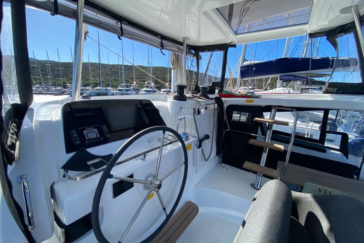 Cockpit of Nereide, a Lagoon 42 catamaran at Olbia, Italy