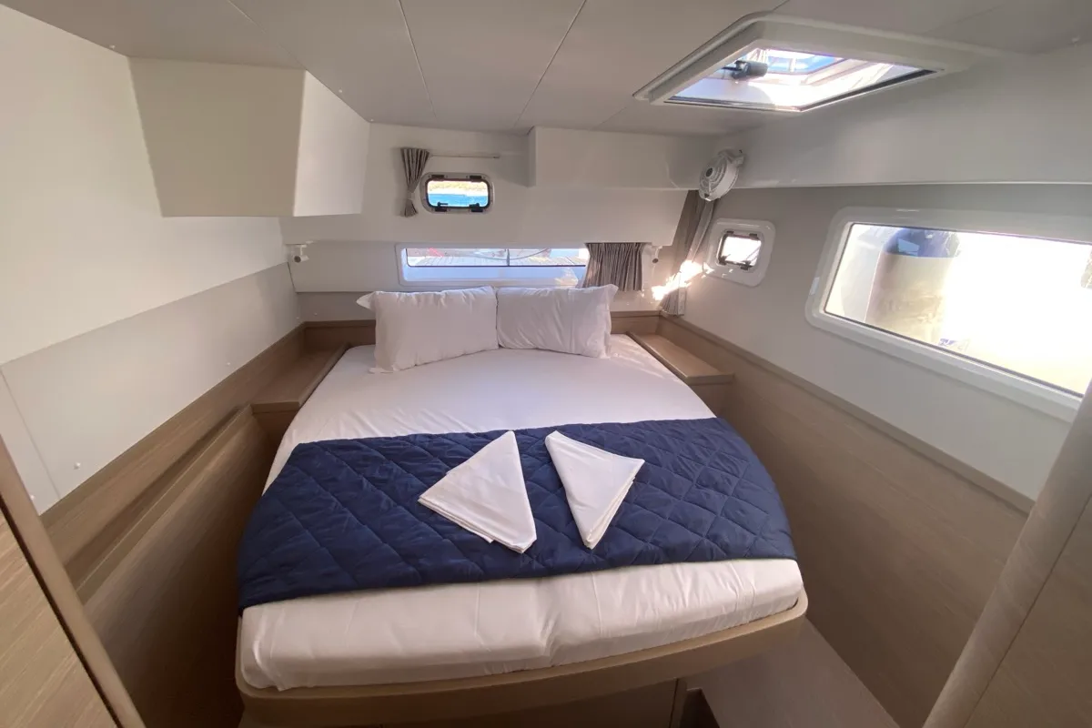 Cabin on Nereide, a Lagoon 42 catamaran at Olbia, Italy