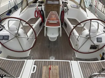 Cockpit of Silly Shark (GND), a Beneteau Oceanis 43 sailboat at St. George's, Grenada