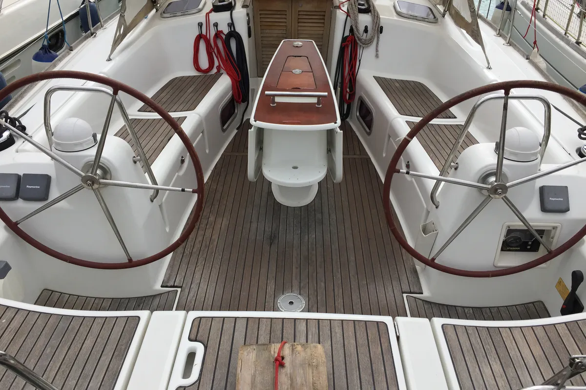 Cockpit of Silly Shark (GND), a Beneteau Oceanis 43 sailboat at St. George's, Grenada