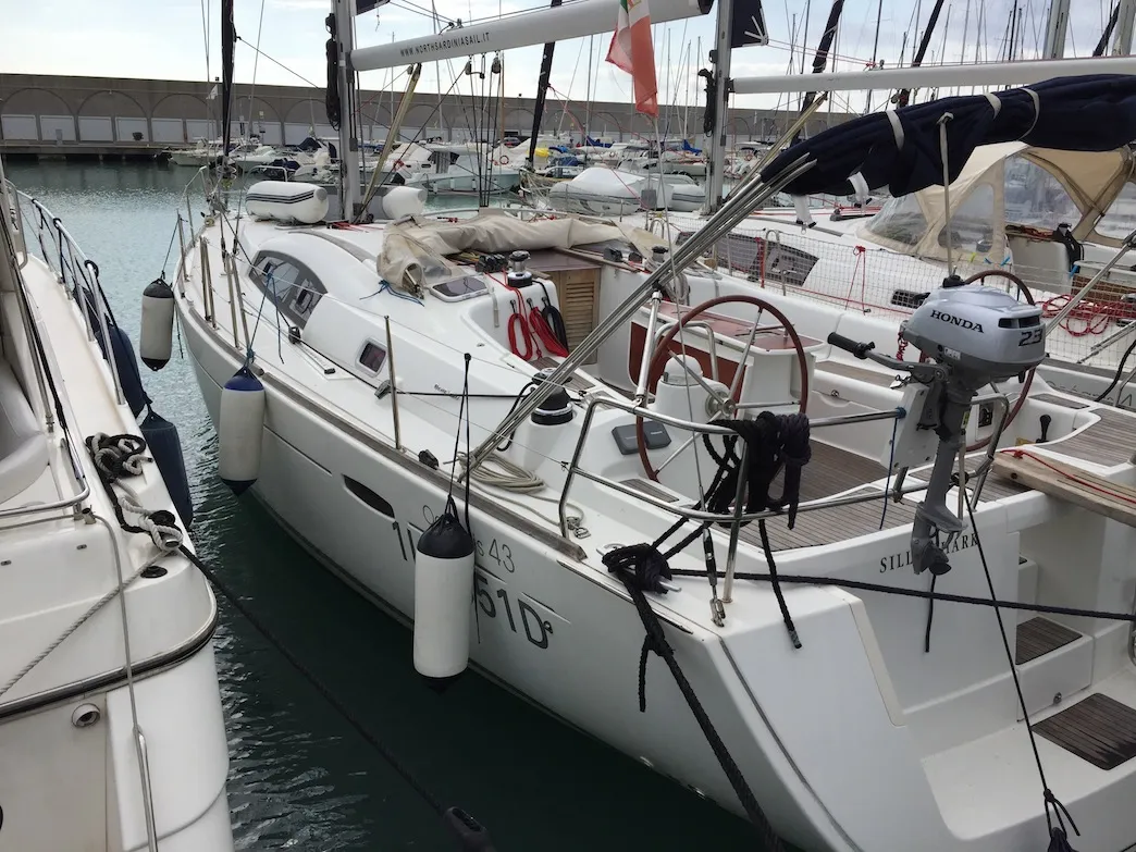 Exterior view of Silly Shark (GND), a Beneteau Oceanis 43 sailboat at St. George's, Grenada