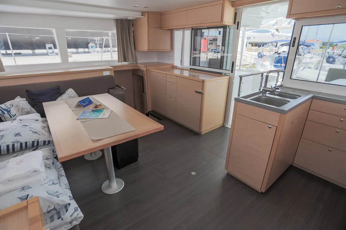 Salon of Rimta, a Lagoon 450 F catamaran at Athens, Greece