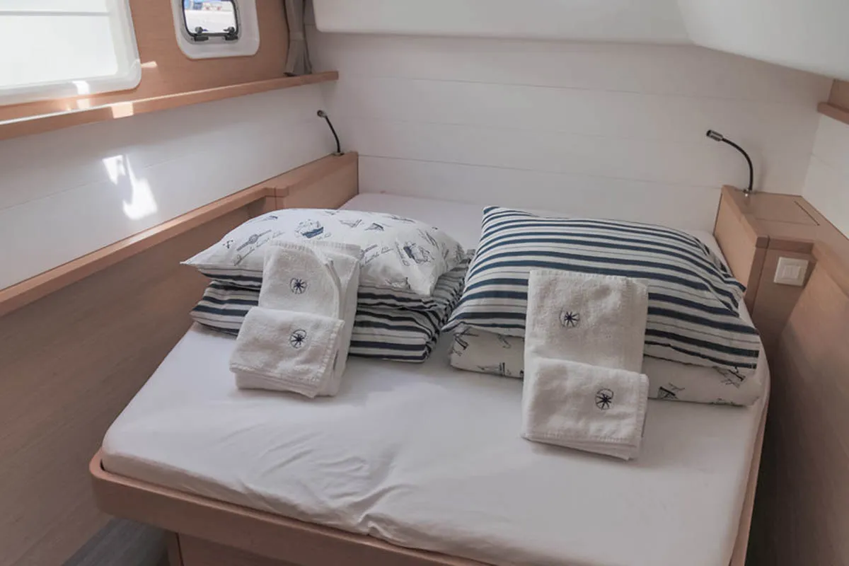 Cabin on Rimta, a Lagoon 450 F catamaran at Athens, Greece