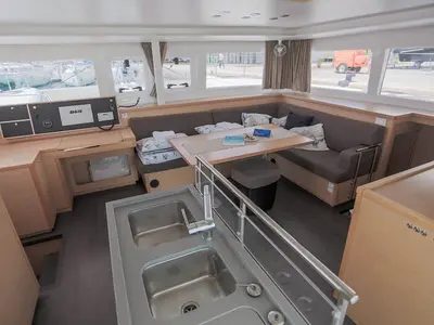Salon of Rimta, a Lagoon 450 F catamaran at Athens, Greece