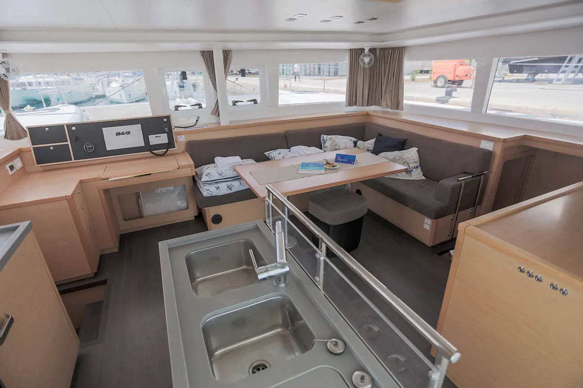Salon of Rimta, a Lagoon 450 F catamaran at Athens, Greece