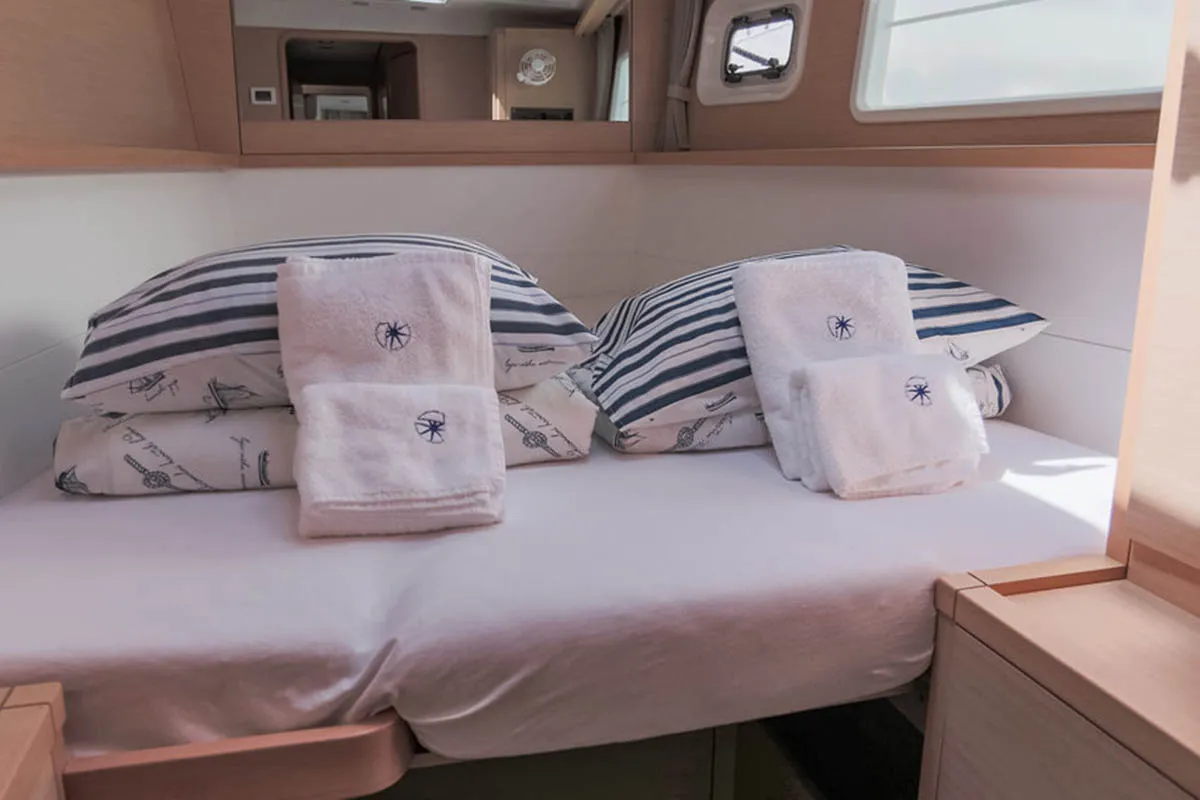 Cabin on Rimta, a Lagoon 450 F catamaran at Athens, Greece