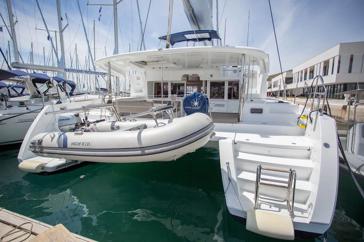 Exterior view of Rimta, a Lagoon 450 F catamaran at Athens, Greece