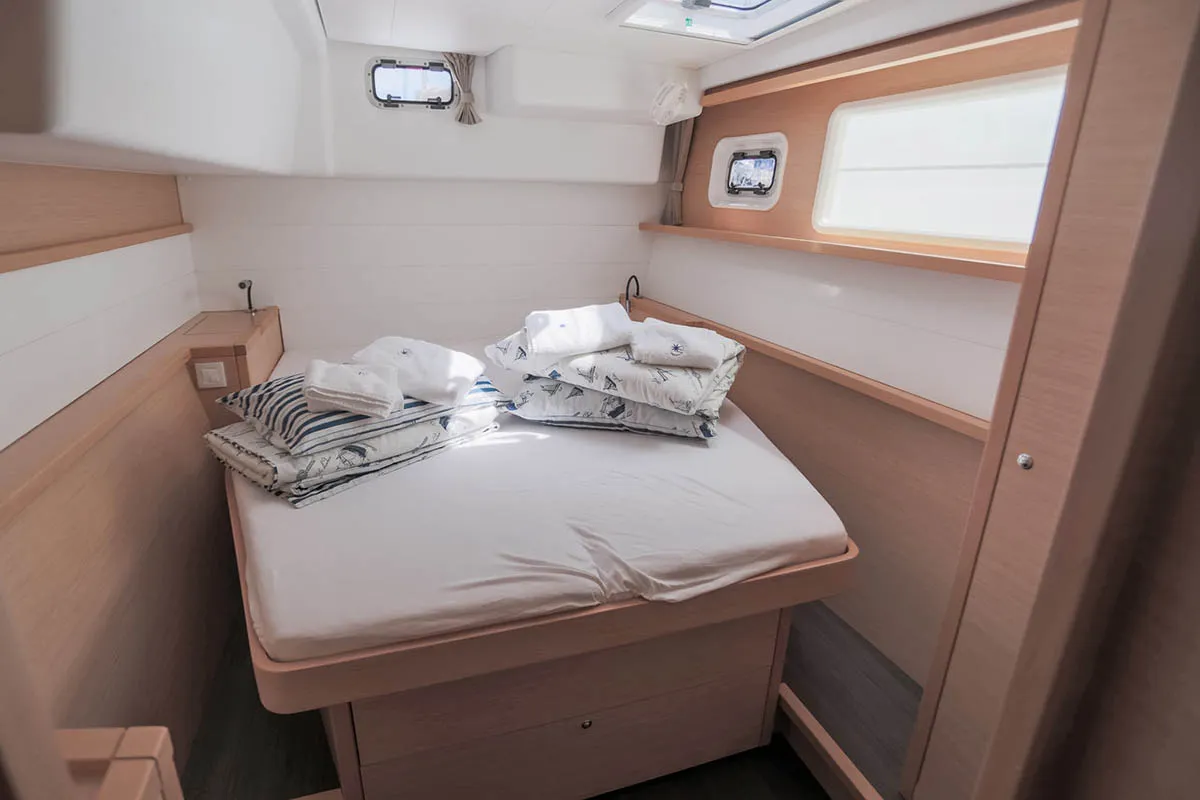 Cabin on Rimta, a Lagoon 450 F catamaran at Athens, Greece