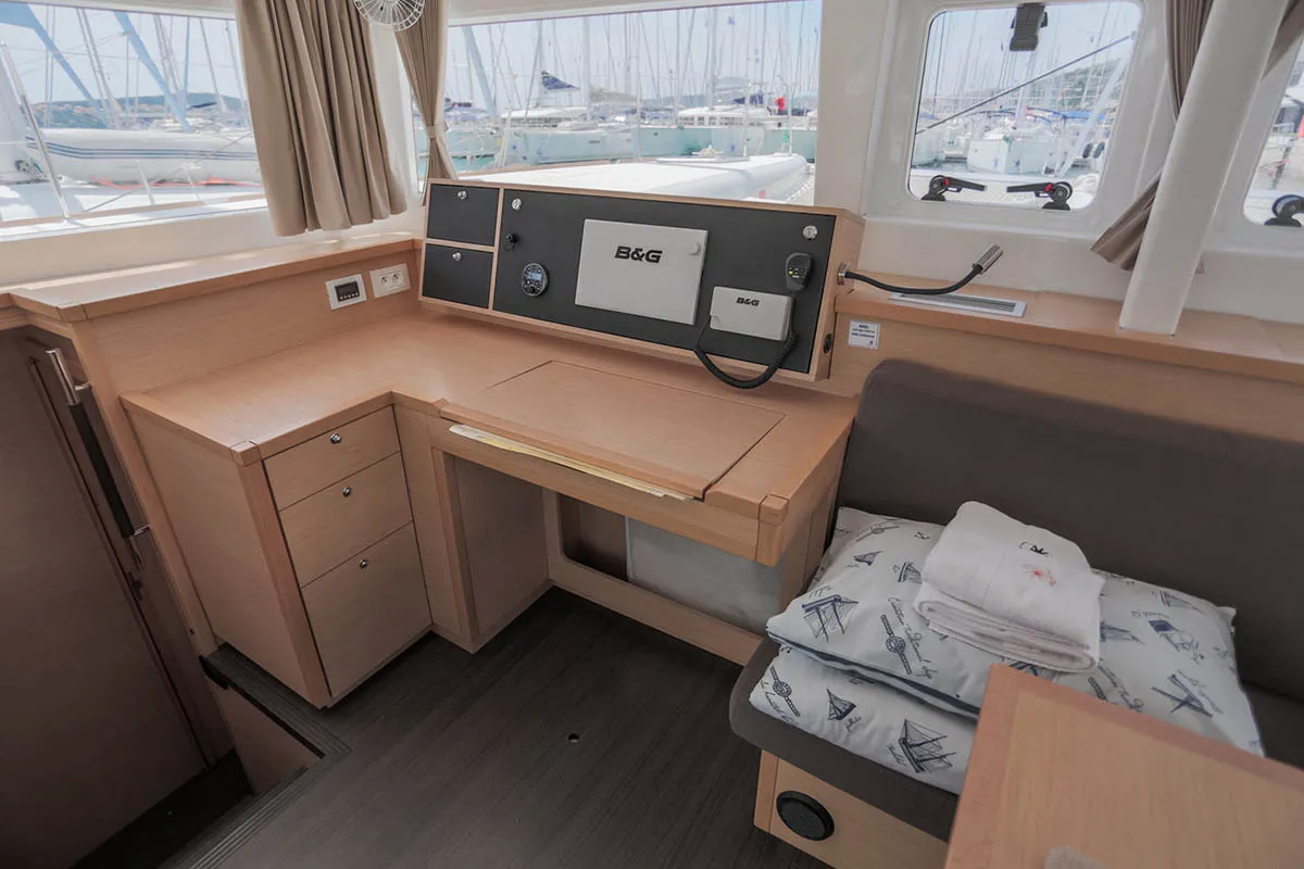 Salon of Rimta, a Lagoon 450 F catamaran at Athens, Greece