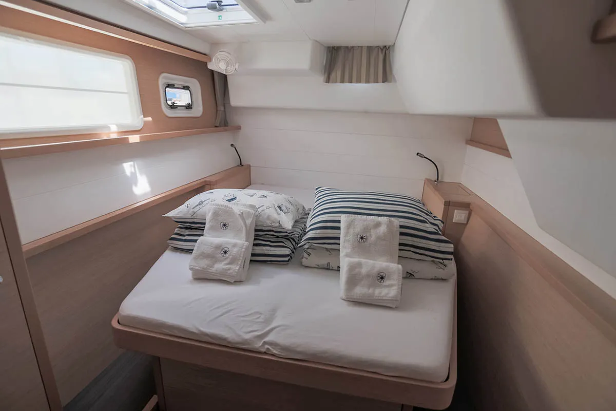 Cabin on Rimta, a Lagoon 450 F catamaran at Athens, Greece