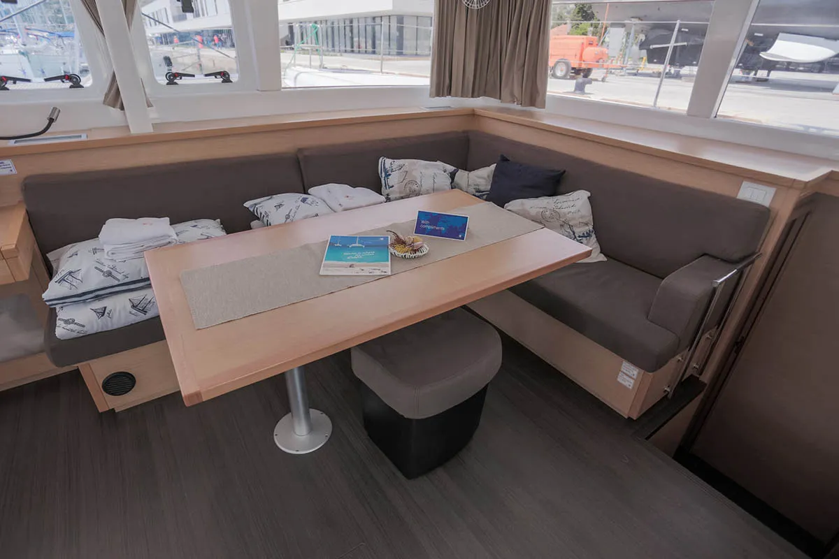 Salon of Rimta, a Lagoon 450 F catamaran at Athens, Greece