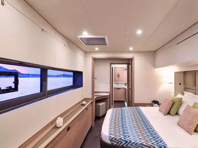 Cabin on Aphaea, a Fountaine Pajot Alegria 67 catamaran at Nea Peramos, Greece