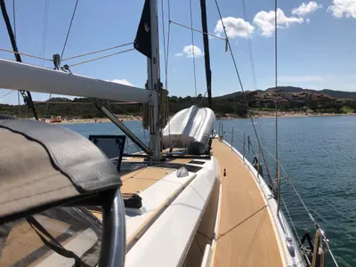 Deck of Silente, a Dufour 56 Exclusive sailboat at Olbia, Italy