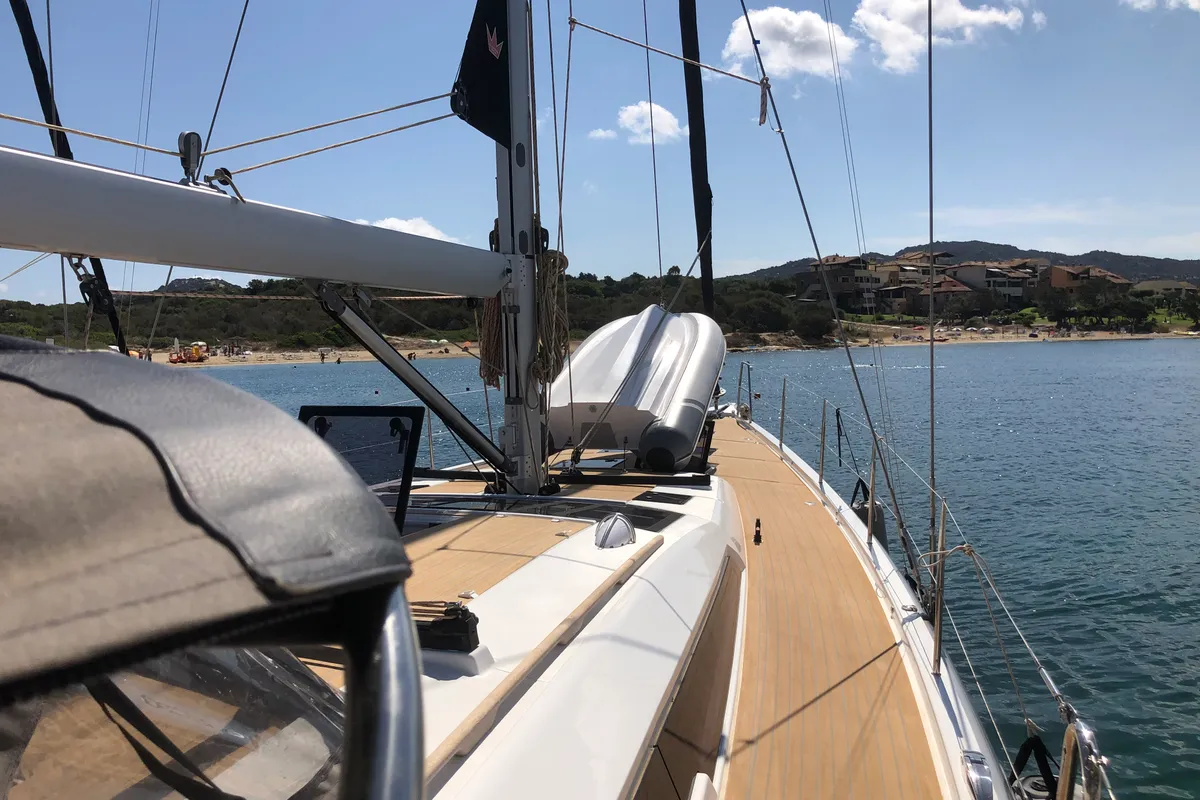 Deck of Silente, a Dufour 56 Exclusive sailboat at Olbia, Italy