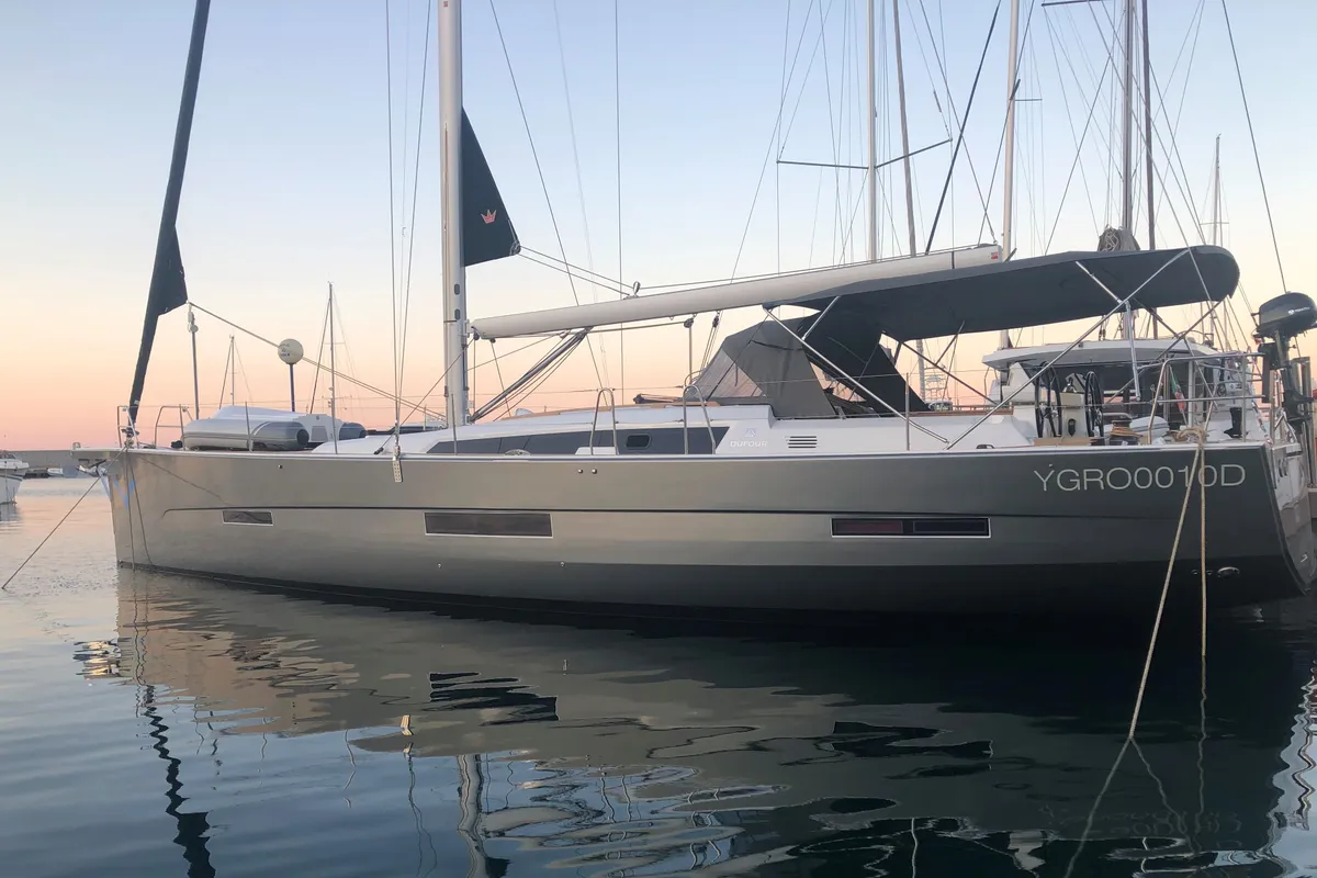 Exterior view of Silente, a Dufour 56 Exclusive sailboat at Olbia, Italy