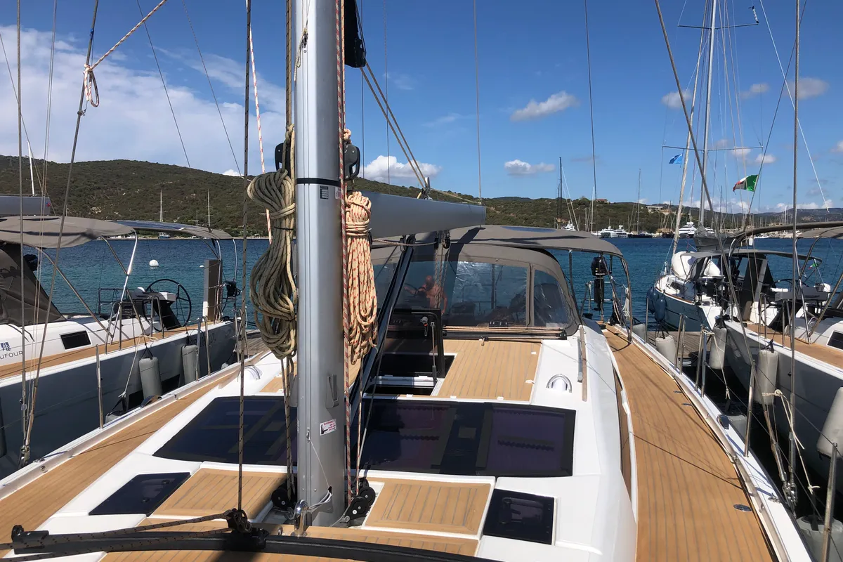 Deck of Silente, a Dufour 56 Exclusive sailboat at Olbia, Italy