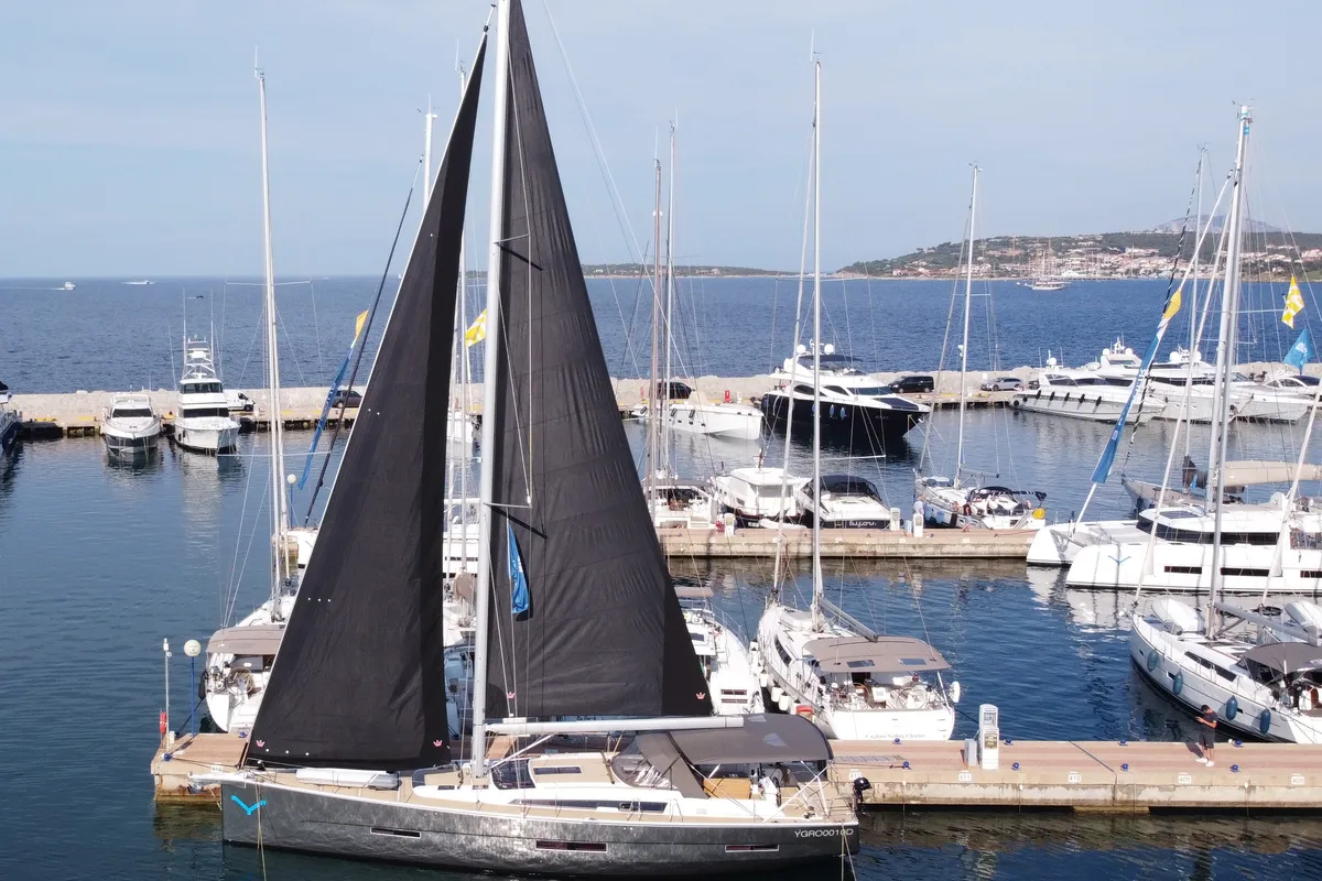Exterior view of Silente, a Dufour 56 Exclusive sailboat at Olbia, Italy