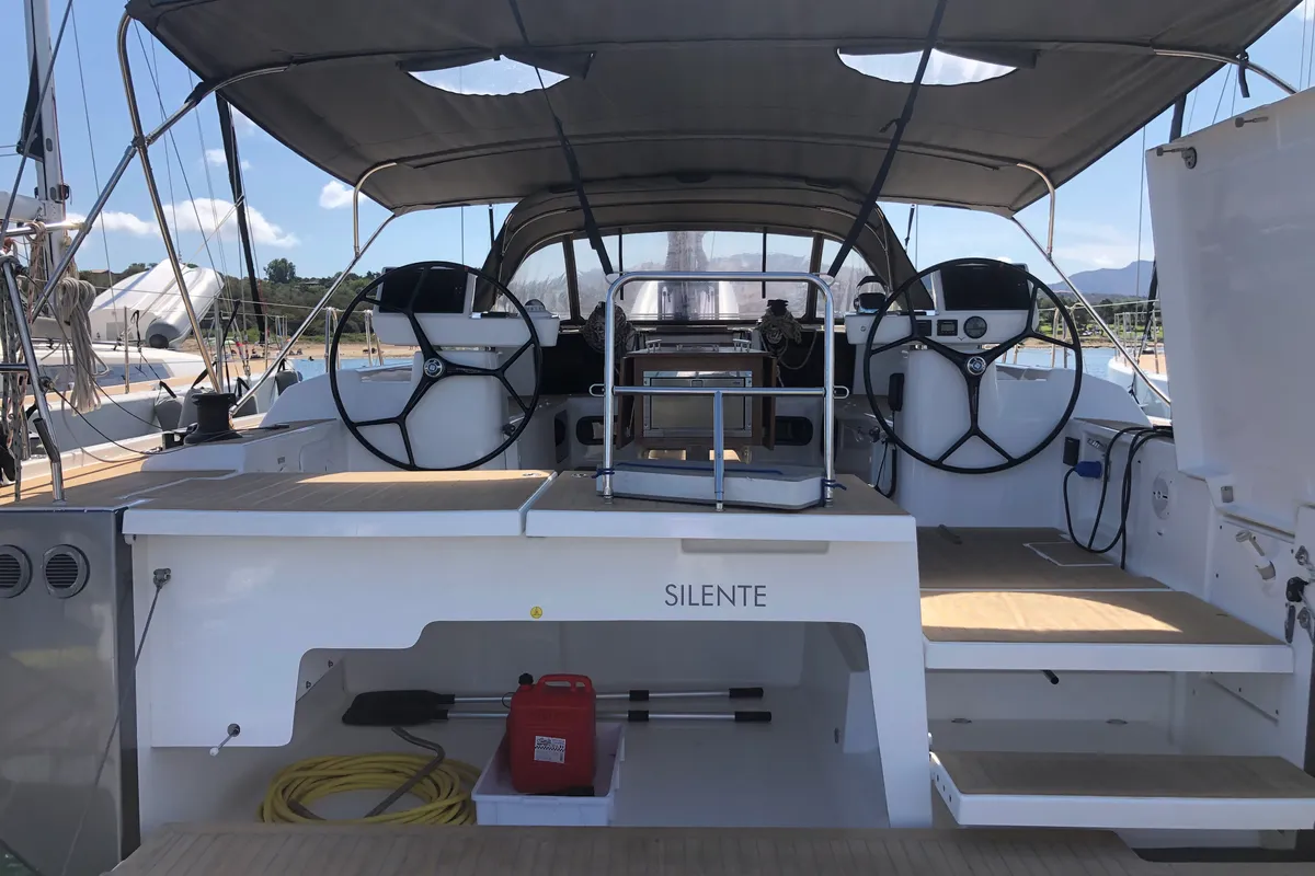 Cockpit of Silente, a Dufour 56 Exclusive sailboat at Olbia, Italy