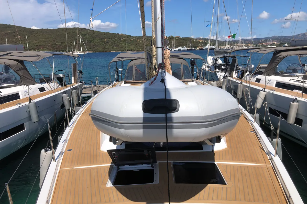 Deck of Silente, a Dufour 56 Exclusive sailboat at Olbia, Italy