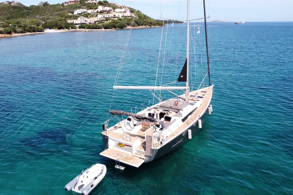 Exterior view of Silente, a Dufour 56 Exclusive sailboat at Olbia, Italy