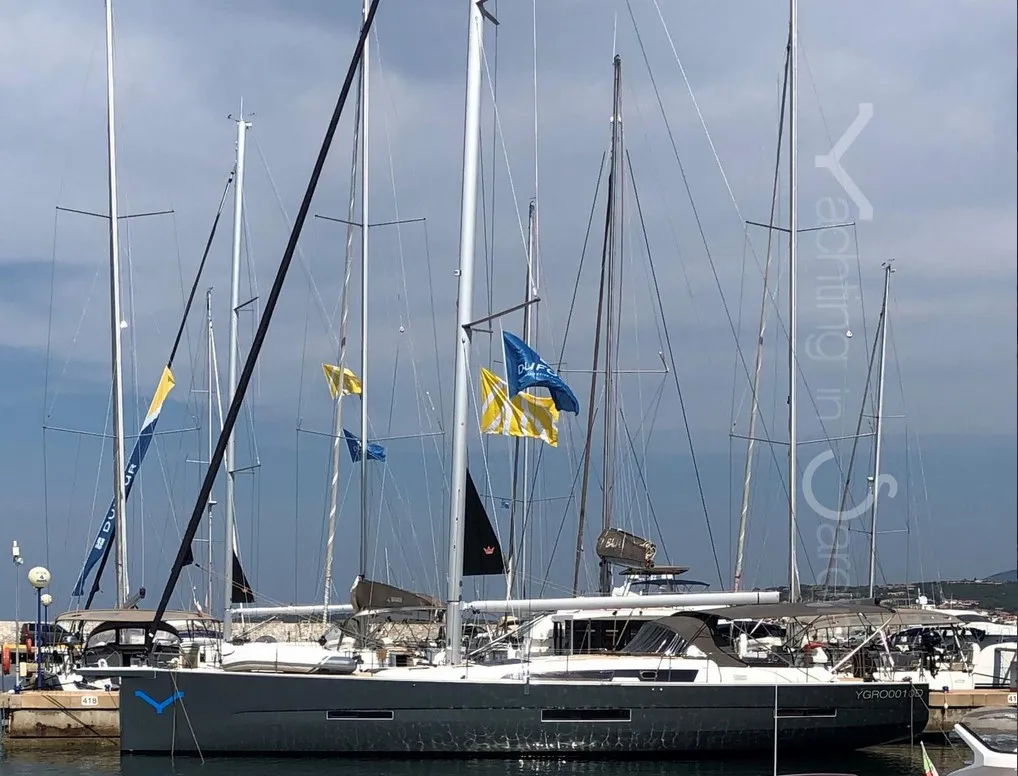 Exterior view of Silente, a Dufour 56 Exclusive sailboat at Olbia, Italy
