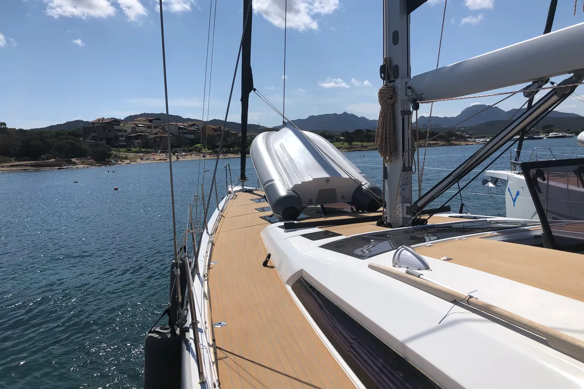 Deck of Silente, a Dufour 56 Exclusive sailboat at Olbia, Italy