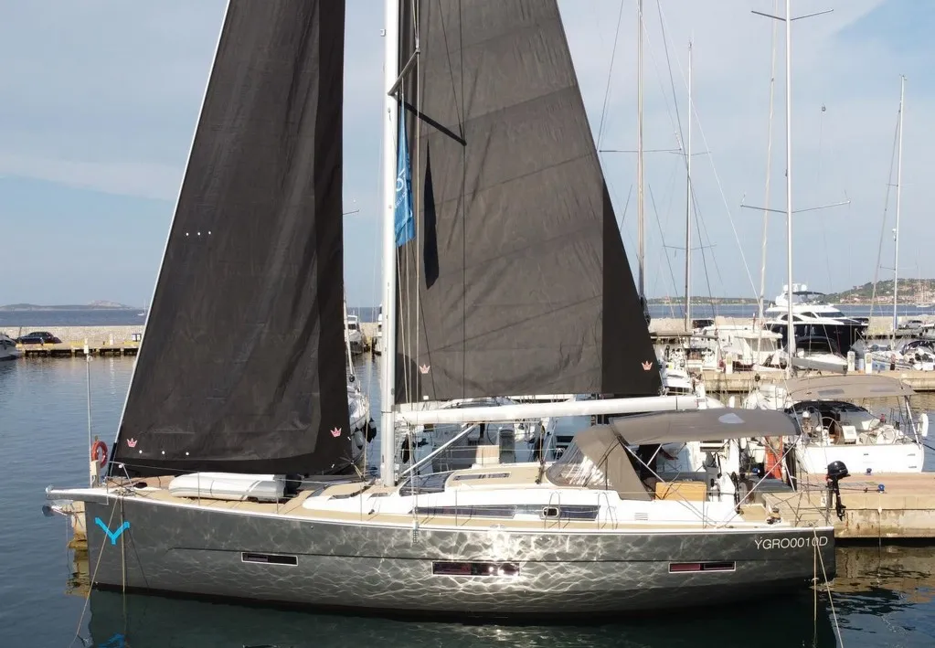 Exterior view of Silente, a Dufour 56 Exclusive sailboat at Olbia, Italy