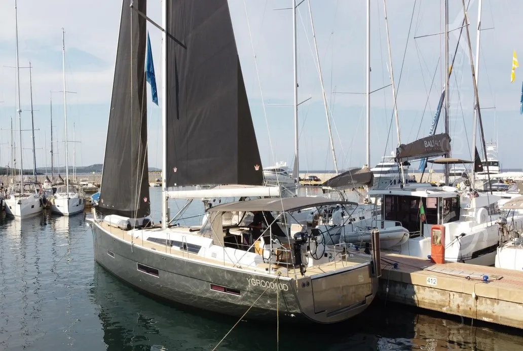 Exterior view of Silente, a Dufour 56 Exclusive sailboat at Olbia, Italy