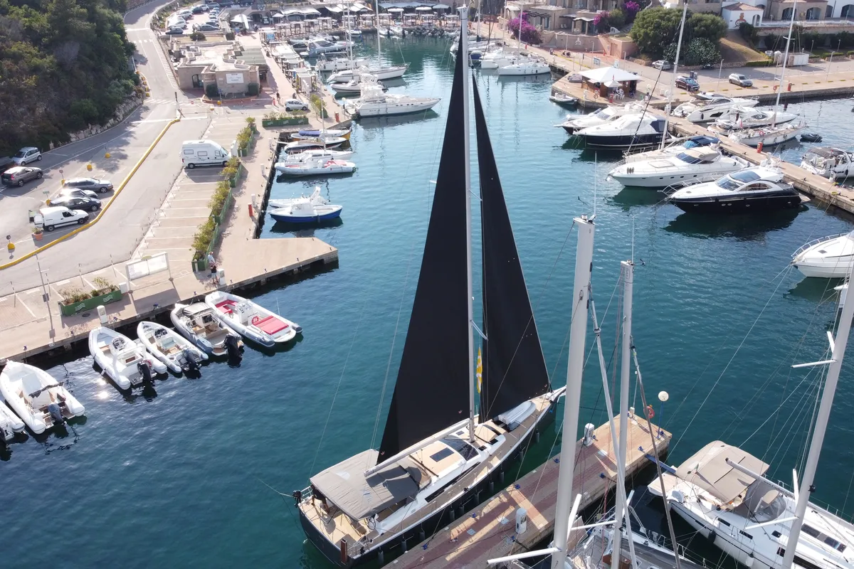 Exterior view of Silente, a Dufour 56 Exclusive sailboat at Olbia, Italy